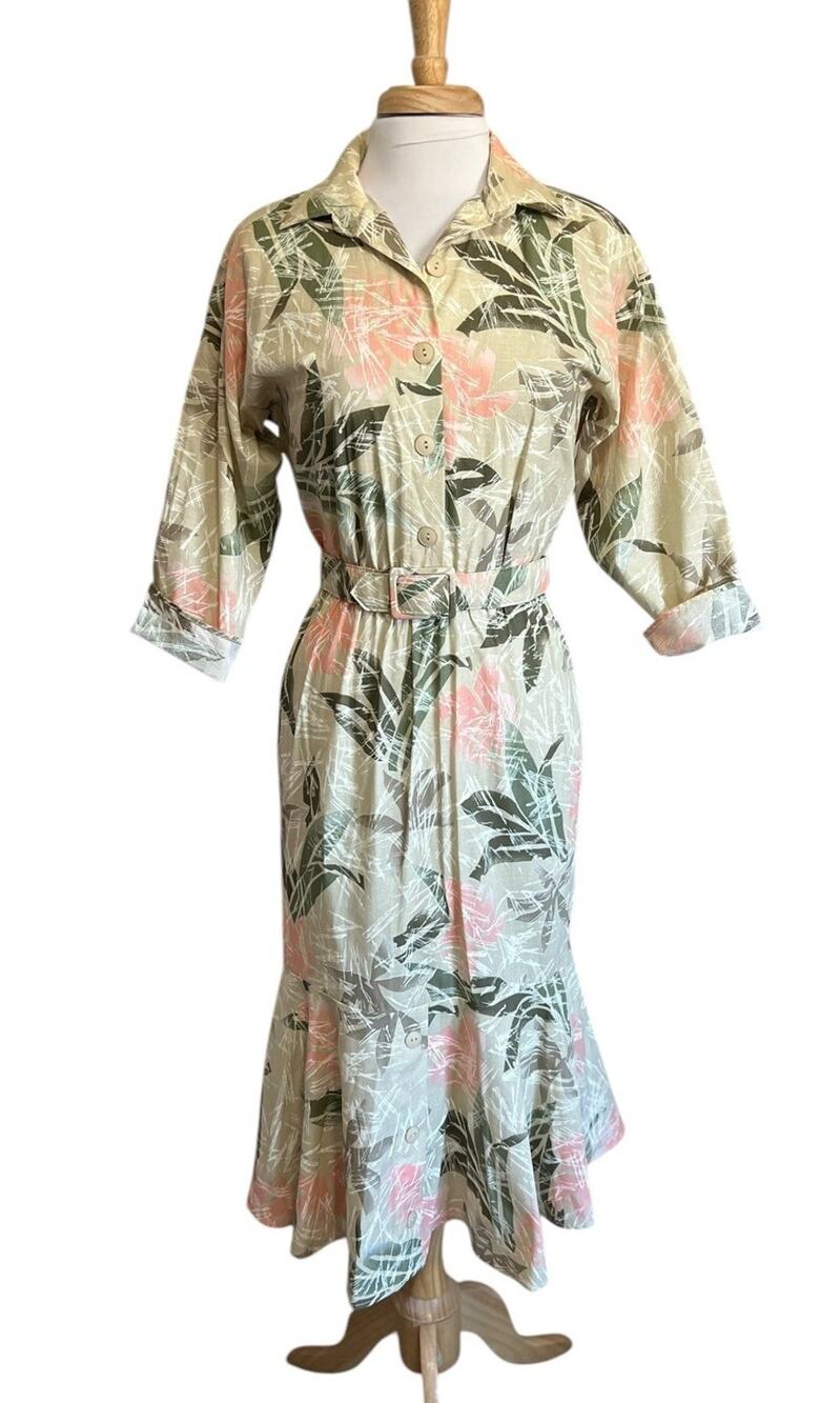 SWEET SAGE Vintage 80s Belted Shirt Dress sz 7/8 Abstract Botanical Palm USA